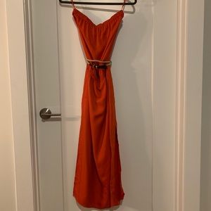 Michel Kors orange silk strapless dress with belt